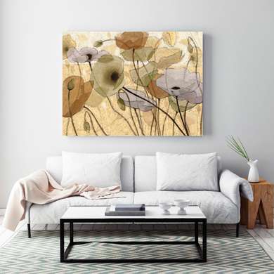 Poster - Delicate poppies on a beige background, 90 x 60 см, Framed poster, Provence