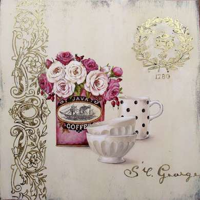 Poster - White cups on the background of a bouquet with pink flowers, 100 x 100 см, Framed poster, Provence