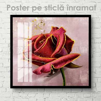 Poster - Trandafir cu margini aurii, 100 x 100 см, Poster inramat pe sticla, Flori