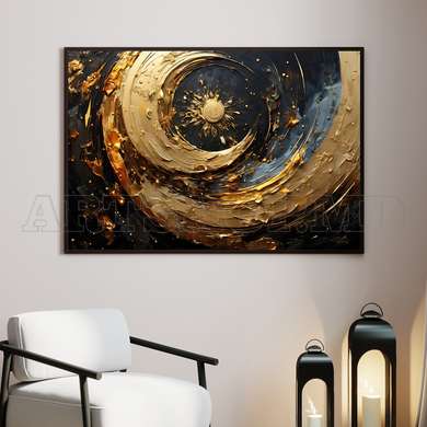 Poster - Golden moon and constellations in abstract style, 90 x 45 см, Framed poster on glass, Abstract