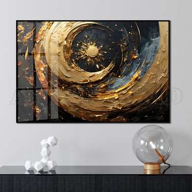 Poster - Golden moon and constellations in abstract style, 90 x 45 см, Framed poster on glass, Abstract