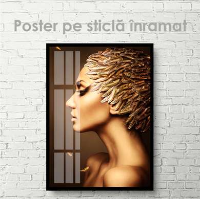 Poster - Fată cu pene aurii 1, 45 x 90 см, Poster inramat pe sticla