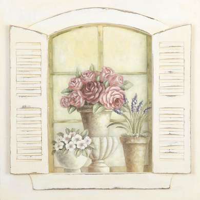 Постер - Окна с цветами, 60 x 60 см, Постер на Стекле в раме