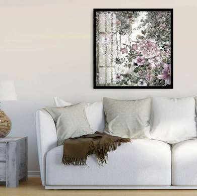 Poster - Pink flowers on the background of the botanical park, 100 x 100 см, Framed poster, Botanical