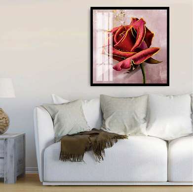 Постер - Роза с золотыми краями, 40 x 40 см, Холст на подрамнике, Цветы