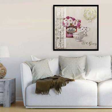 Poster - Căni albe și un buchet cu flori roz, 100 x 100 см, Poster înrămat, Provence