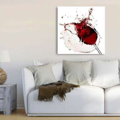 Постер - Бокал с красным вином и брызгами на белом фоне, 100 x 100 см, Постер в раме, Еда и Напитки
