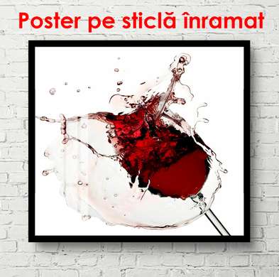 Постер - Бокал с красным вином и брызгами на белом фоне, 100 x 100 см, Постер в раме, Еда и Напитки