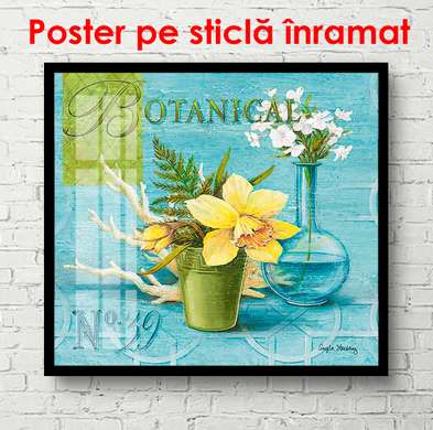 Постер - Желтый цветок на голубом фоне, 100 x 100 см, Постер в раме, Прованс