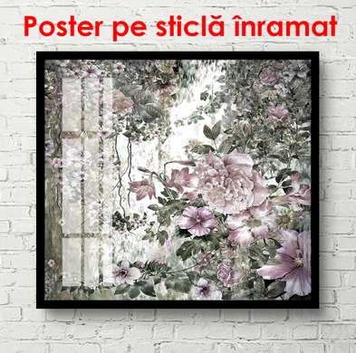 Poster - Flori roz în grădina botanică, 100 x 100 см, Poster înrămat, Botanică