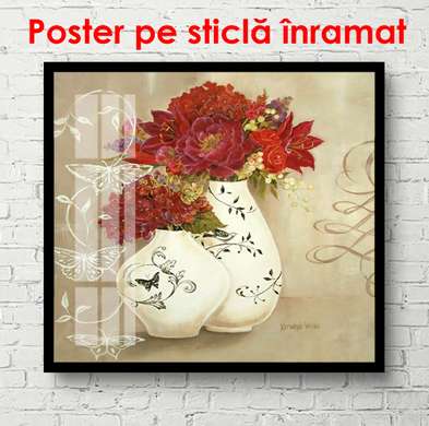 Poster - Flori roșii într-o vază albastră, 100 x 100 см, Poster înrămat, Provence