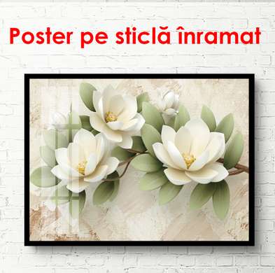 Постер - Белые крупные цветы с зелеными листьями на бежевом фоне, 90 x 60 см, Постер в раме, Ботаника