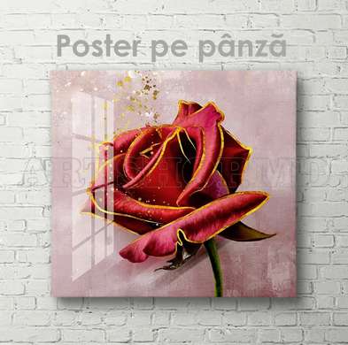 Poster - Trandafir cu margini aurii, 100 x 100 см, Poster inramat pe sticla, Flori