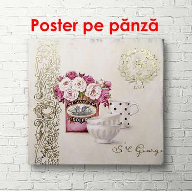 Постер - Белые чашки на фоне букета с розовыми цветами, 100 x 100 см, Постер в раме, Прованс