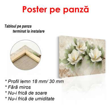 Poster - White large flowers with green leaves on a beige background, 90 x 60 см, Framed poster, Botanical