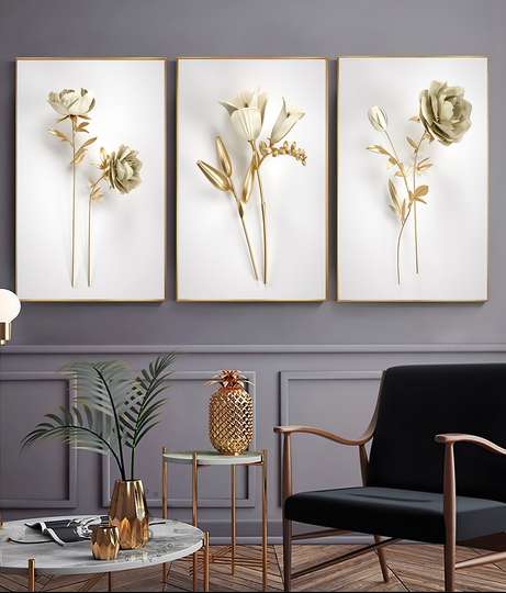 Постер - Белые цветы и золотые листья 2, 60 x 90 см, Постер на Стекле в раме, Наборы