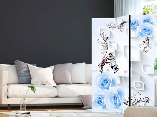 Ширма - Голубые цветы на белом 3Д фоне., 7