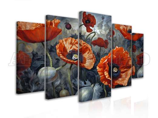 Modular picture, Red poppies on a gray background, 108 х 60