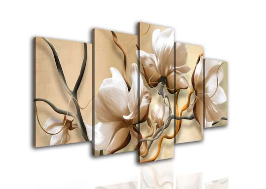 Modular picture, Beige flowers on a background of lines., 108 х 60