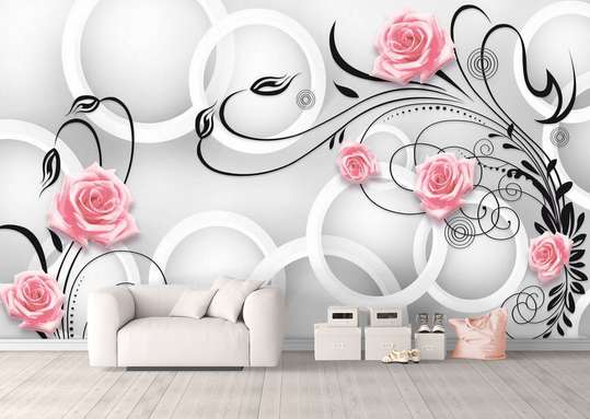 3Д Фотообои - Розовые розы с черными листьями на белом фоне