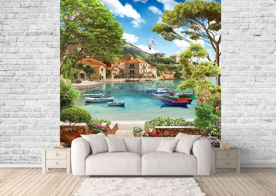 Photo wallpaper with a beautiful lake and boats on the water.