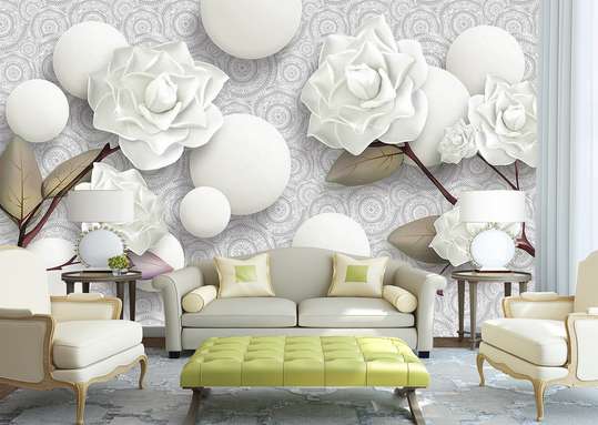 Fototapet 3D - Trandafiri albi și perle albe pe un fundal cu ornamente
