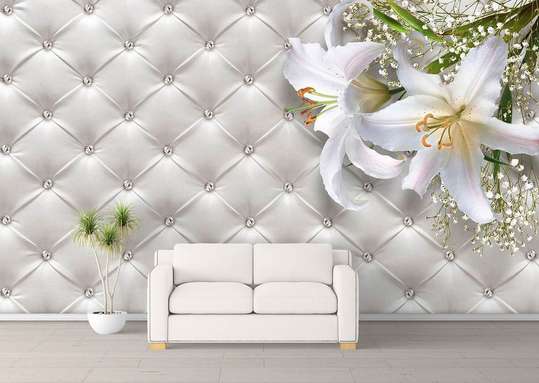 Wall Mural - White lilies and precious stones on a white background