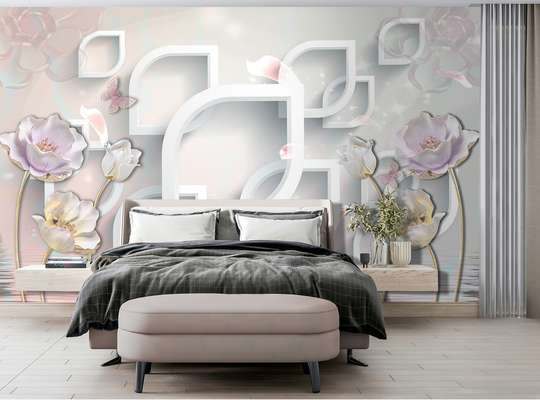 Wall Mural - Porcelain flowers on a geometric background