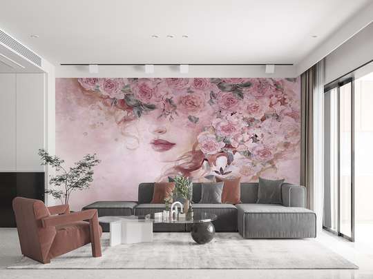 Wall mural - Mysterious girl with flowers on pale pink background