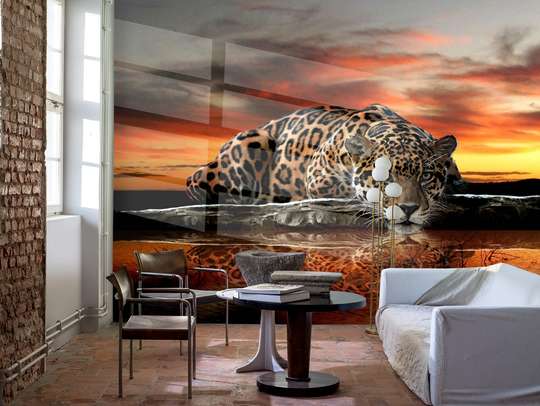 Фотообои - Леопард пьет воду на фоне заката