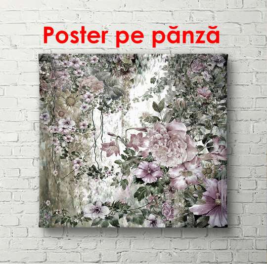Poster - Pink flowers on the background of the botanical park, 100 x 100 см, Framed poster
