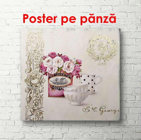 Постер - Белые чашки на фоне букета с розовыми цветами, 100 x 100 см, Постер в раме