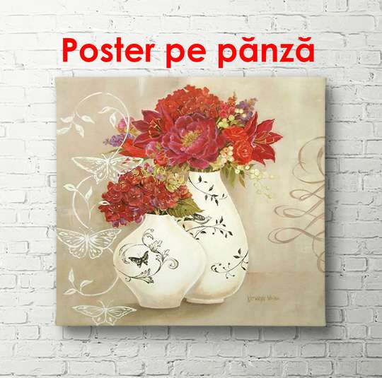 Poster - Red flowers in a blue vase, 100 x 100 см, Framed poster