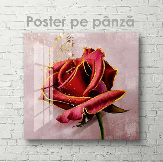 Poster - Trandafir cu margini aurii, 40 x 40 см, Panza pe cadru