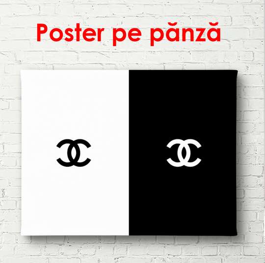 Постер - Черно белый логотип Шанель, 45 x 30 см, Холст на подрамнике, Черно Белые