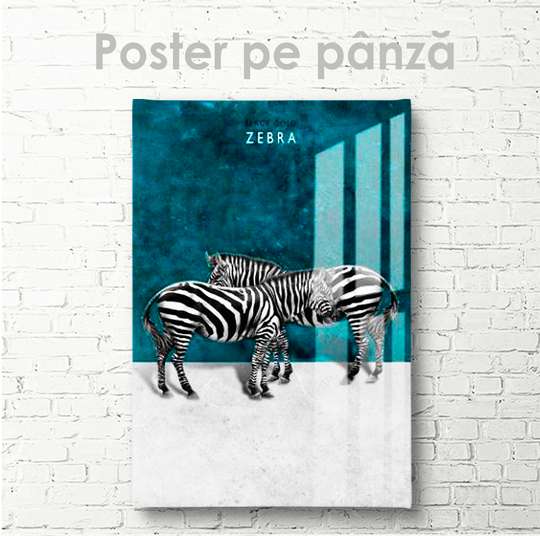 Poster, Zebras on a turquoise background, 30 x 45 см, Canvas on frame, Animals