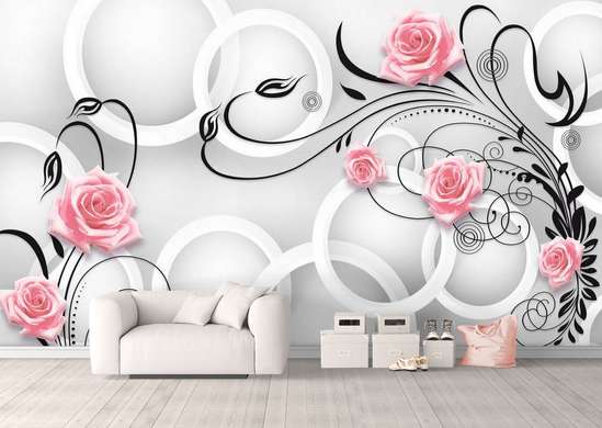 Fototapet 3D - Trandafiri roz cu frunze negre pe un fundal alb