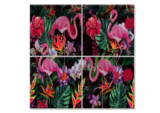 Tablou Pe Panza Multicanvas, Flamingo pe un fundal multicolor, 120 x 120