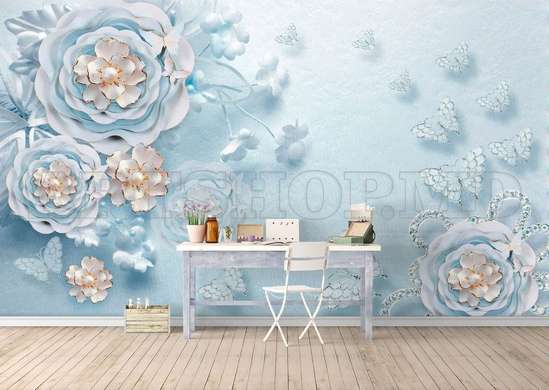 Wall Mural - Butterflies and blue roses