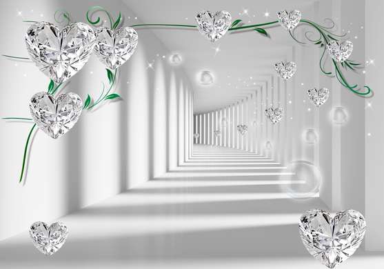 3D Wallpaper - Diamonds in the shape of a heart on the background of the tunnel