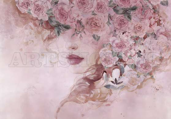 Wall mural - Mysterious girl with flowers on pale pink background