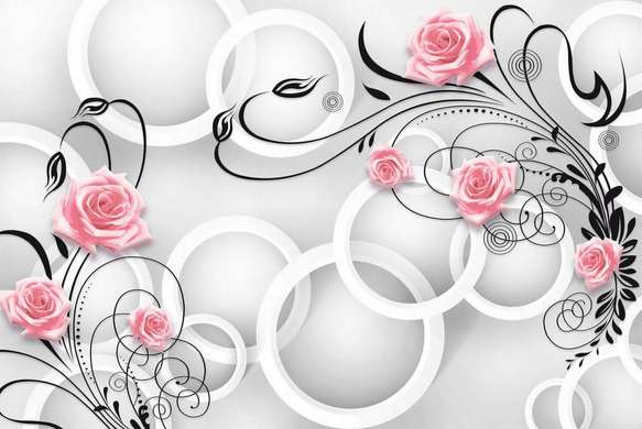 3D Wallpaper - Pink roses with black leaves on a white background
