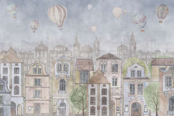 Wall Mural - City buildings and hot air balloons