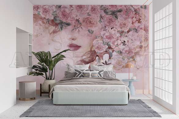 Wall mural - Mysterious girl with flowers on pale pink background