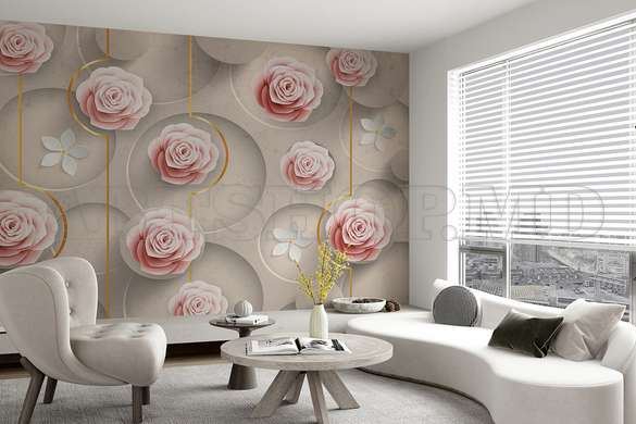 3D Photo Wallpaper- Pink rose flowers on beige geometric background