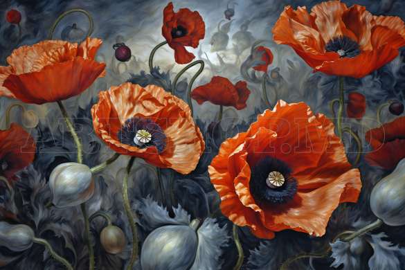 Modular picture, Red poppies on a gray background, 206 x 115