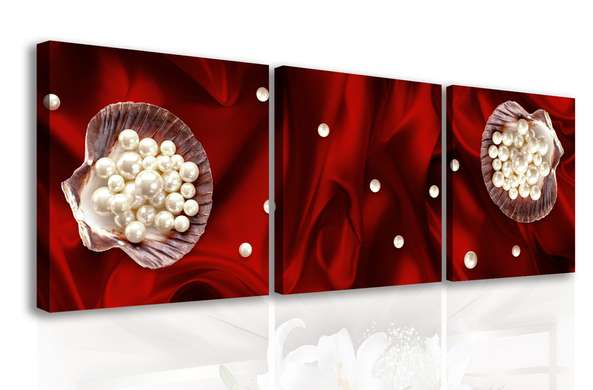Tablou Pe Panza Multicanvas, Flori albe pe un fundal roșu, 135 x 45