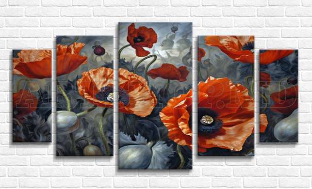 Modular picture, Red poppies on a gray background, 108 х 60