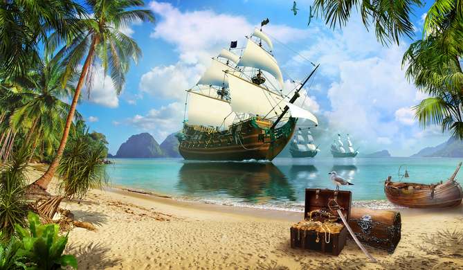 Фотообои - Пиратский корбаль на берегу тропического острово