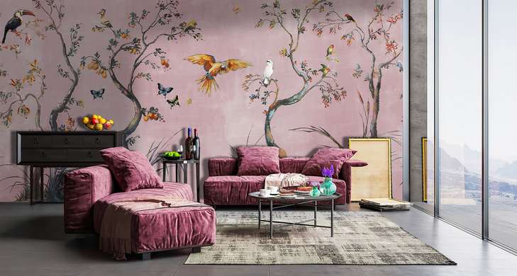 Wall Mural - Tropical birds and trees on a pink background